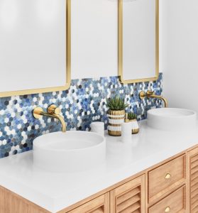 blue hexagon glass tiles backsplash bathroom