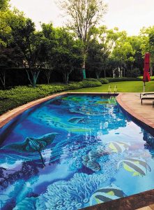 outdoor pool with aquatic theme 