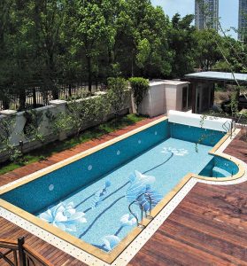 outdoor pool with blue mosaic tiles 