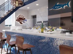 Modern seafood restaurant with blue mosaic tile under table