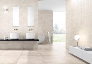 white deco floor and wall tiles in bathroom 
