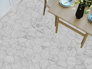 Porcelain Hexagon tiles on kitchen floor below table