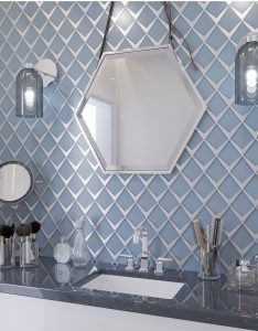sky blue and chrome vanity backsplash tiles