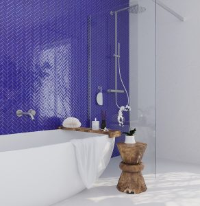 cobalt blue glass tiles bathroom feature wall 