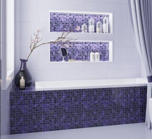 mosaic tiles in purple in feature wall bathroom