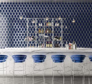 navy and chrome fan mosaic tiles in bar