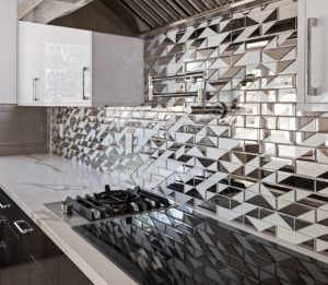 Striped mosaic tiles ( Monaco Moneghetti Gris ) in upscale kitchen design.