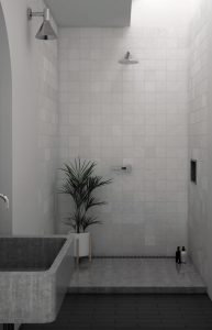 Satin Lavanda Ceramic Tile in Bathroom