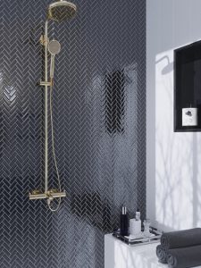 Black herringbone shower glass tiles