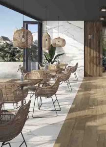 Imperial Carrara look porcelain collection in restaurant