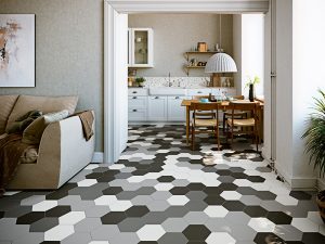 Mixed Hexagon Tiles Living Room and Kitchen Floor