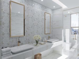 white marble pattern tile backsplash in bathroom