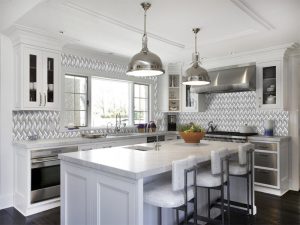 marble tile with vine pattern in industrial chic kitchen 