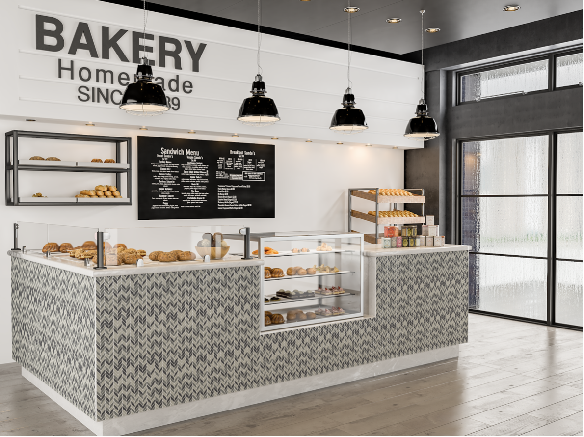 Shown Above: Epillet Gris glass tile in commercial bakery
