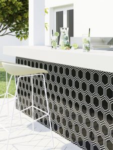 outdoor bar with hexagon black and white tiles 