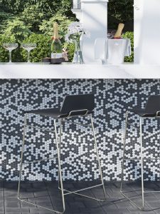 Outside bar with black and white penny round tiles 