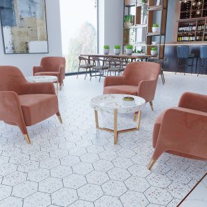 hotel lobby with hexagon speckled tile