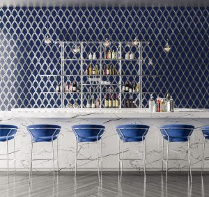 blue fan pattern glass tile in commercial bar