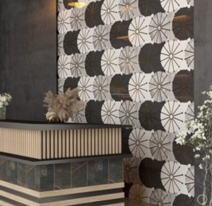 fan mosaic tiles in Art Deco hotel lobby
