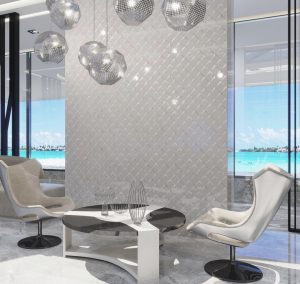 white Art Deco and silver tiles feature wall in office