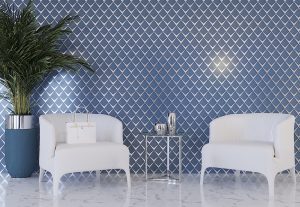 light blue Art Deco tiles in commercial lobby feature wall