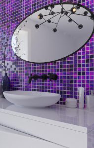 bold purple glass mosaic tiles in bathroom 