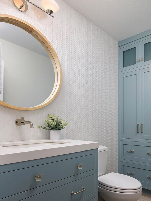Farmhouse inspired bathroom stuns with a coordinated effort of blue ...